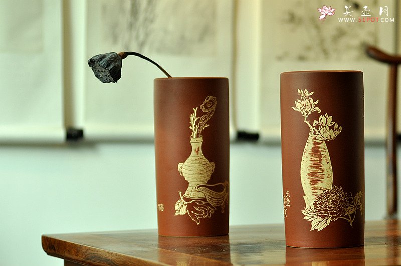 紫砂壶图片：雅室 陆轶舟精心装饰 吉祥帽筒一对 文气耐品~ - 宜兴紫砂壶网