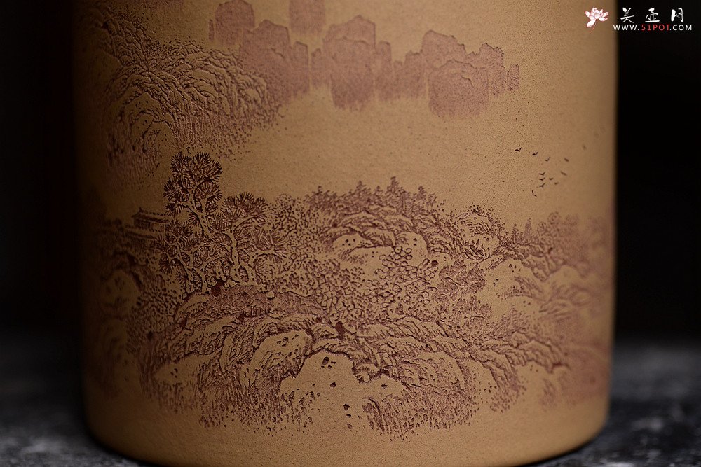 紫砂壶图片：李彦雄老师获奖作品一 山水笔筒 - 宜兴紫砂壶网