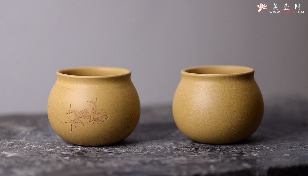 紫砂壶图片：曲峰闻香杯 原矿本山绿泥 刻绘蜗牛 - 宜兴紫砂壶网