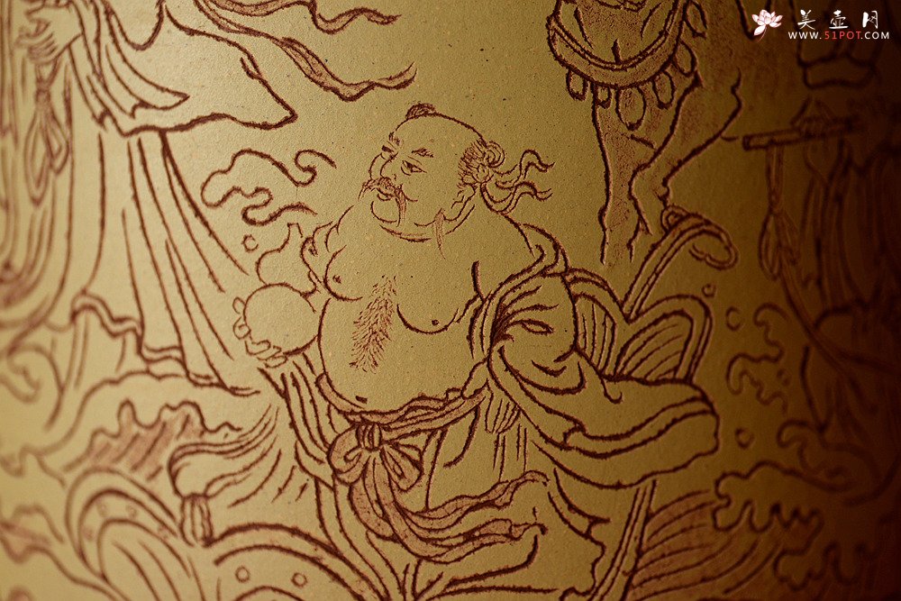 紫砂壶图片：八仙过海 各显神通 张听刚笔筒 刀法精到细腻  - 宜兴紫砂壶网