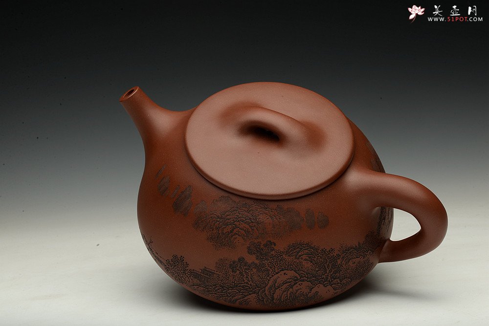 紫砂壶图片：特大满瓢 李彦雄精细装饰通景山水  送礼收藏级 - 宜兴紫砂壶网