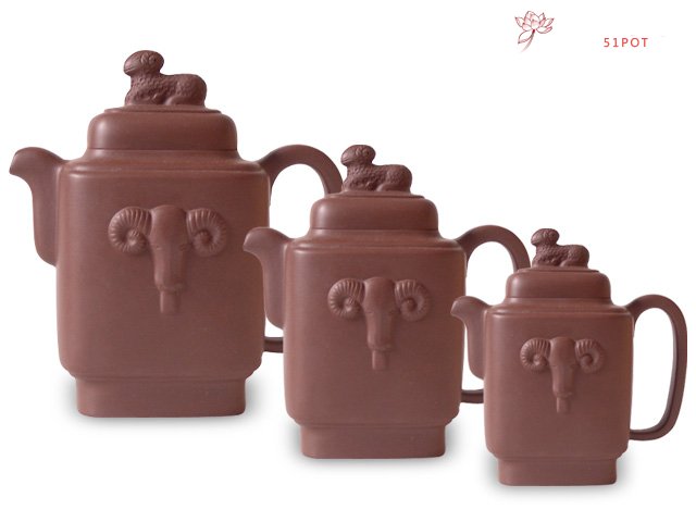 紫砂壶图片：三羊开泰组壶 - 宜兴紫砂壶网