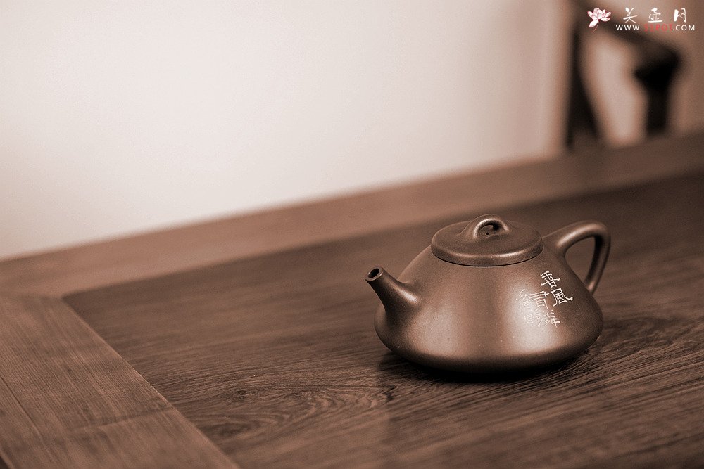 紫砂壶图片：陆轶舟精心装饰 汤红专代表作全手子冶石瓢 骨肉均挺 一厂黑星土 儒雅文气 - 宜兴紫砂壶网