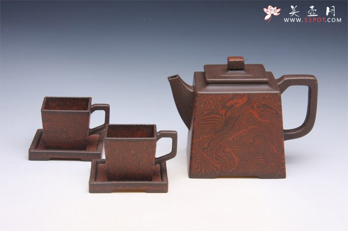 紫砂壶图片：绞泥方韵五件套 - 宜兴紫砂壶网