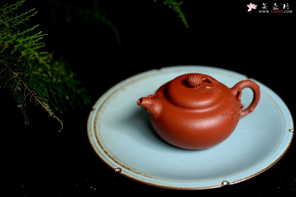 紫砂壶图片：蔡一强新品  实用花货 以松针装饰生动  原矿朱泥 全手松韵壶 - 宜兴紫砂壶网