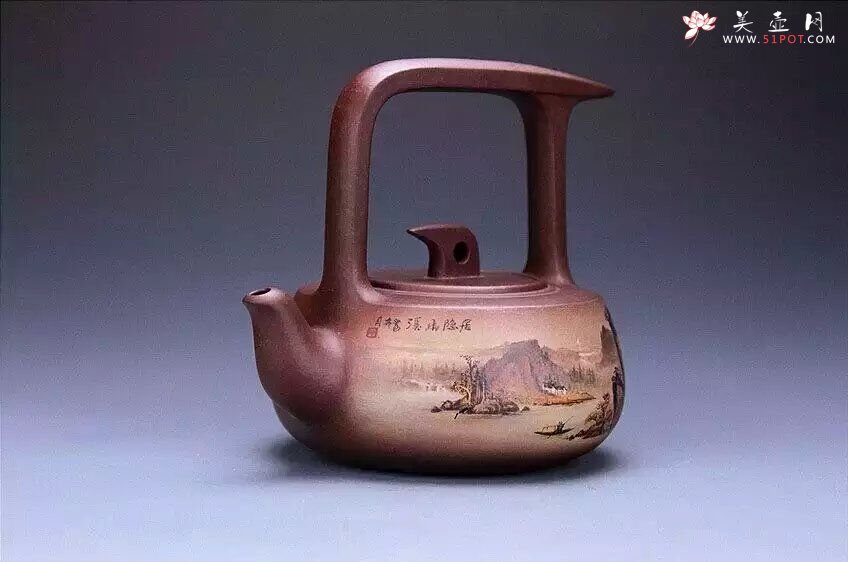 紫砂壶图片：山水祥鸽提梁 - 宜兴紫砂壶网