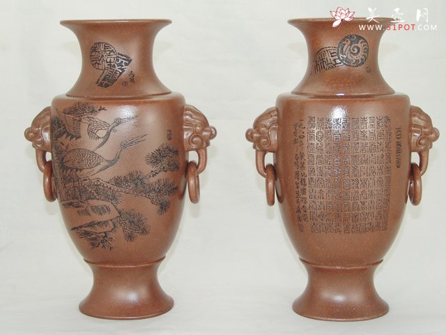 紫砂壶图片：双耳百寿瓶 - 宜兴紫砂壶网