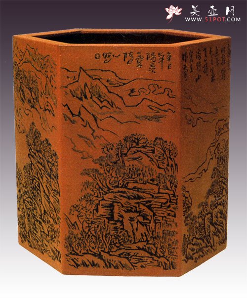 紫砂壶图片：六方通转笔筒 - 宜兴紫砂壶网