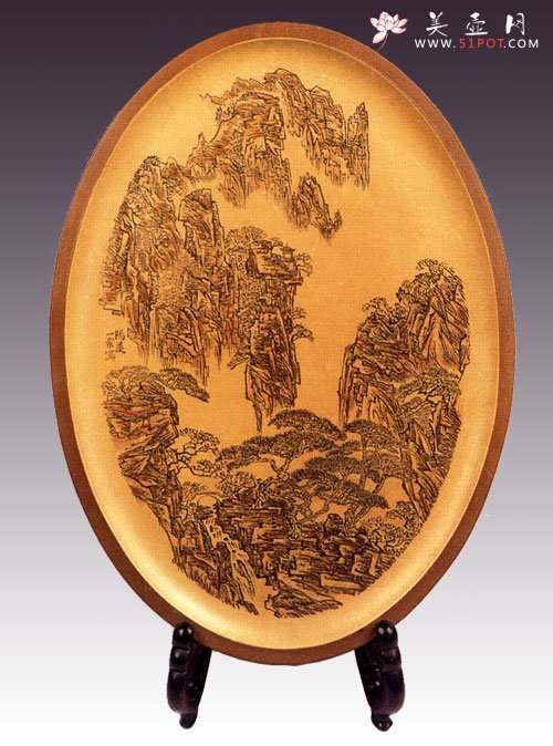 紫砂壶图片：陶刻山水图挂盘 - 宜兴紫砂壶网