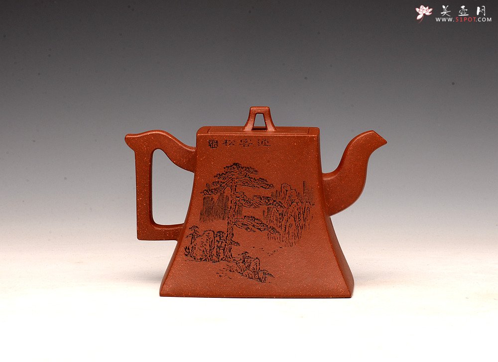 紫砂壶图片：强强联合 陈宏林装饰 苍劲刀法  降坡泥 全手方鈡 - 宜兴紫砂壶网