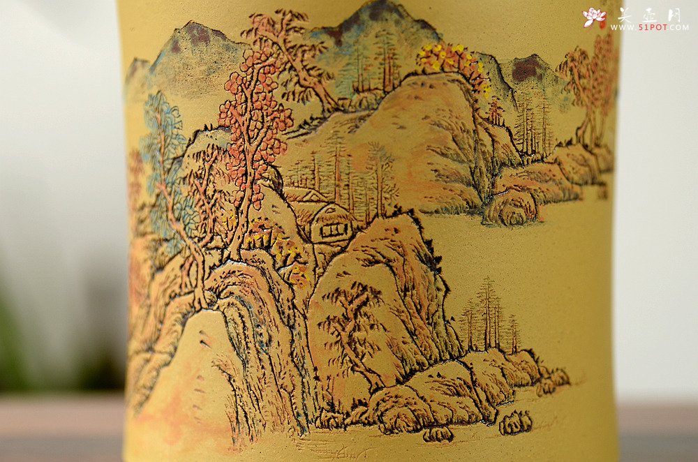 紫砂壶图片：朱牧清精心装饰山水笔筒~~别有风韵！！ - 宜兴紫砂壶网