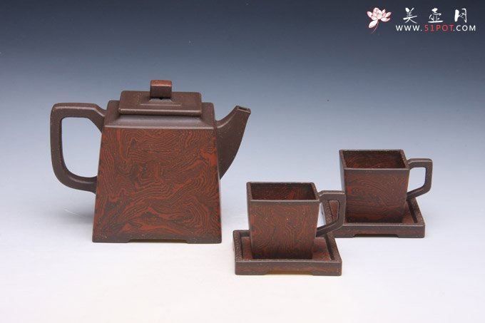 紫砂壶图片：绞泥方韵五件套 - 宜兴紫砂壶网