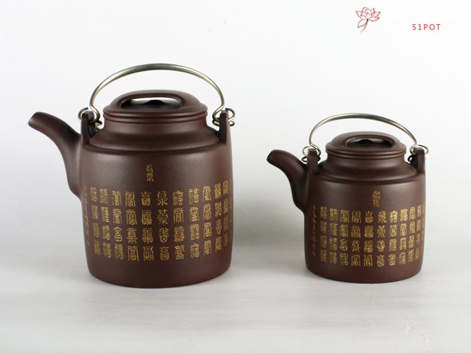紫砂壶图片：大小洋桶壶细刻百福图 - 宜兴紫砂壶网