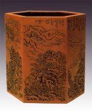 紫砂壶图片：六方通转笔筒 - 宜兴紫砂壶网