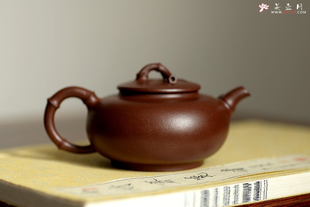 紫砂壶图片：优质老紫泥 大口实用 全手小智竹 贴叶飘逸 - 宜兴紫砂壶网
