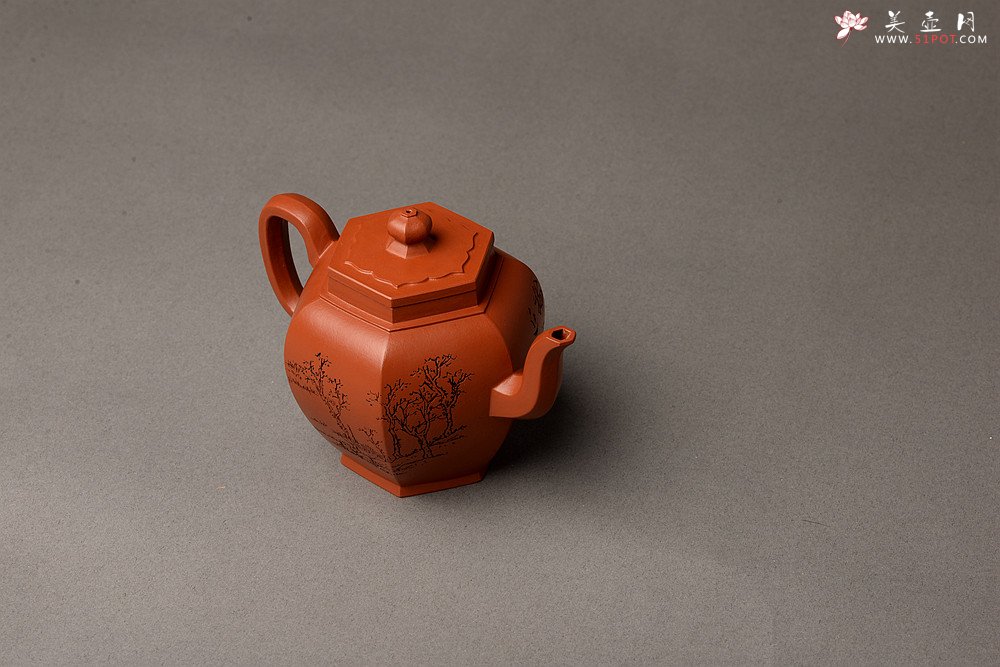 紫砂壶图片：优质朱泥 刻绘老味 全手镶片 六方宫灯 挺拔俊秀  - 宜兴紫砂壶网
