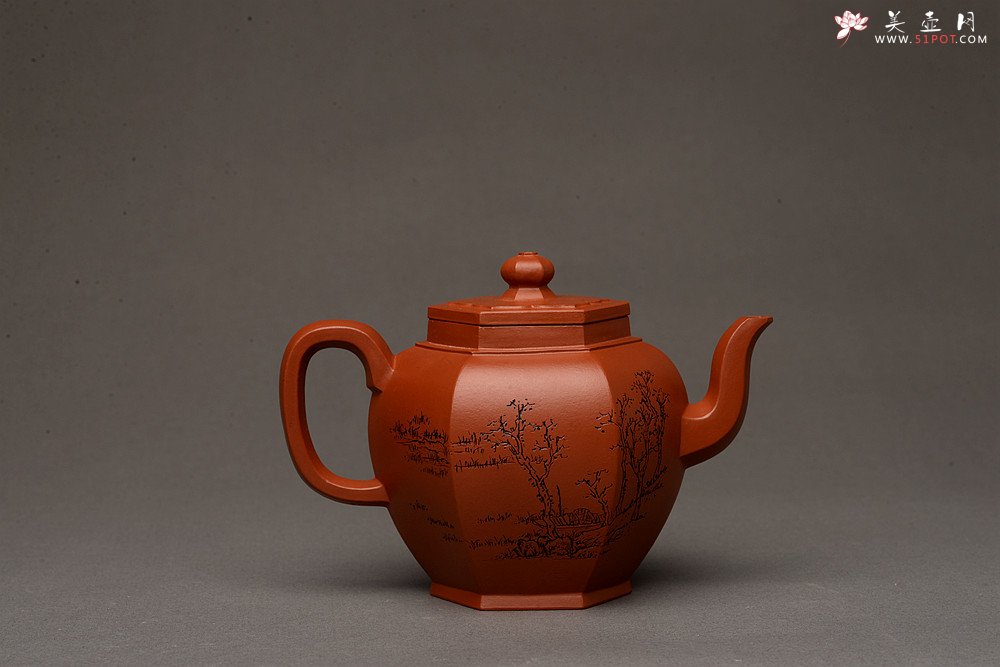 紫砂壶图片：优质朱泥 刻绘老味 全手镶片 六方宫灯 挺拔俊秀  - 宜兴紫砂壶网