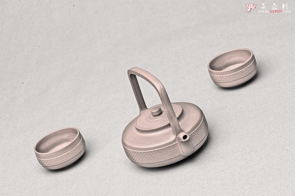 紫砂壶图片：乙未年全手工二等奖作品 端庄大气 原创作品 优质底槽青 玉璧提梁套组 - 宜兴紫砂壶网