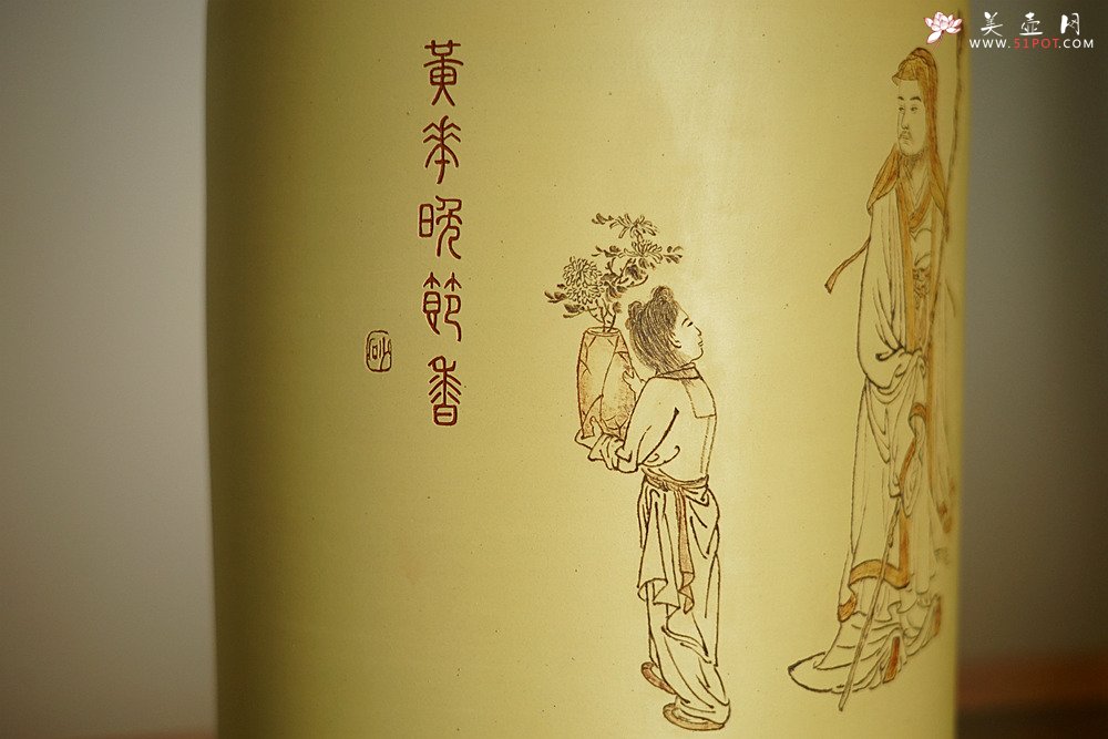 紫砂壶图片：张听刚笔筒 高士赏菊图 以刀代笔 行云流水 老辣精炼 - 宜兴紫砂壶网