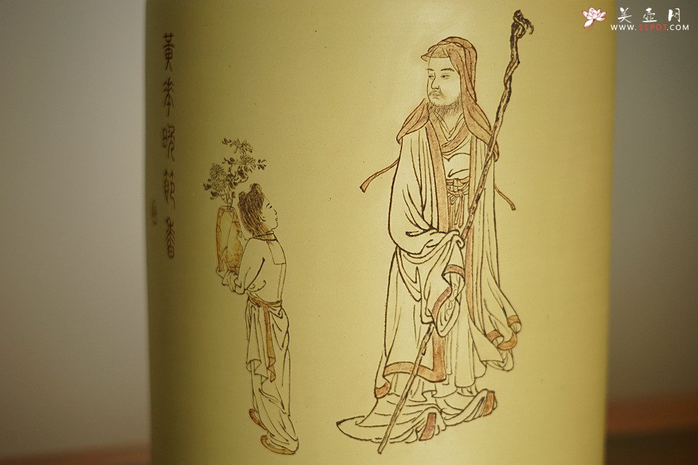 紫砂壶图片：张听刚笔筒 高士赏菊图 以刀代笔 行云流水 老辣精炼 - 宜兴紫砂壶网