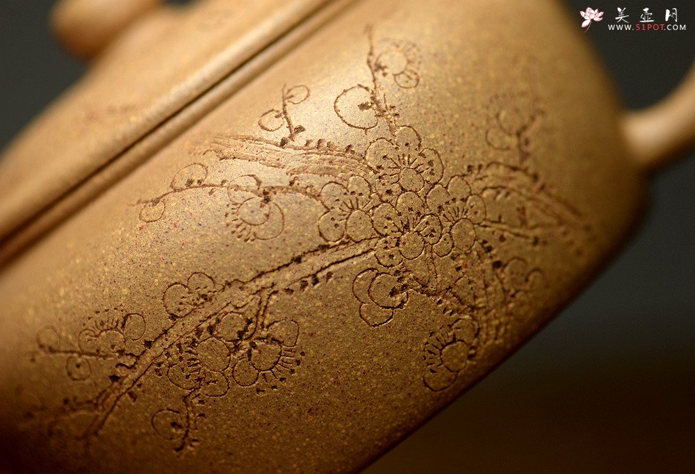 紫砂壶图片：国助工唐文新作 五彩段泥隐乐壶  端庄秀气 助工袁德波装饰 - 宜兴紫砂壶网