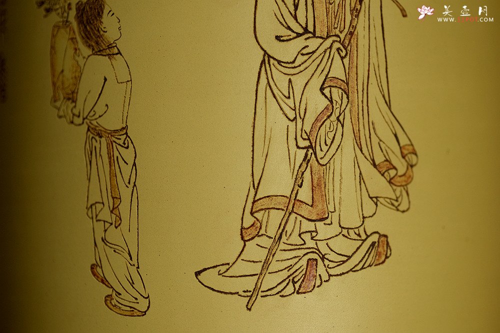 紫砂壶图片：张听刚笔筒 高士赏菊图 以刀代笔 行云流水 老辣精炼 - 宜兴紫砂壶网