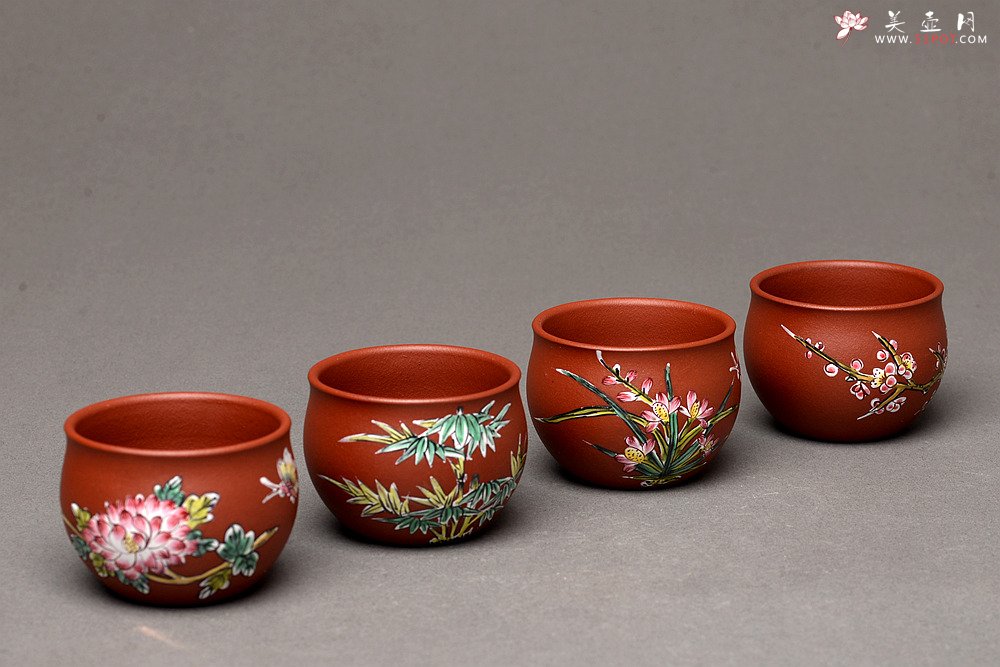 紫砂壶图片：美壶特惠 梅兰竹菊点彩一套精致品茗杯 自用送礼佳品 - 宜兴紫砂壶网