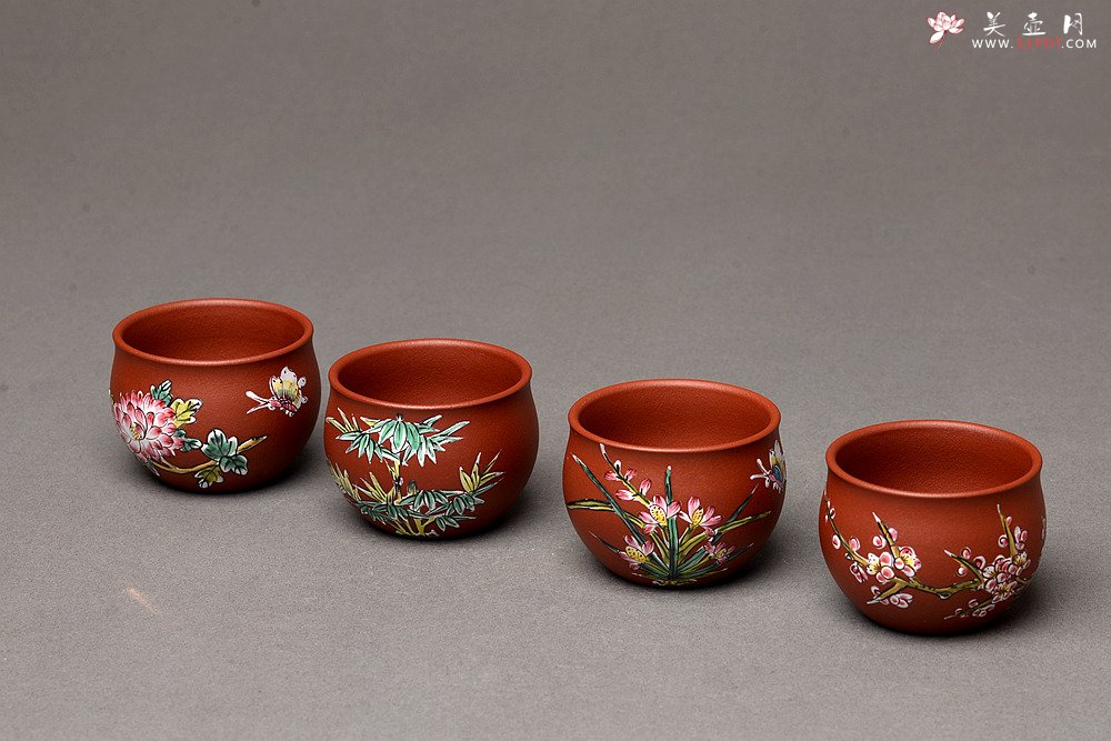 紫砂壶图片：美壶特惠 梅兰竹菊点彩一套精致品茗杯 自用送礼佳品 - 宜兴紫砂壶网