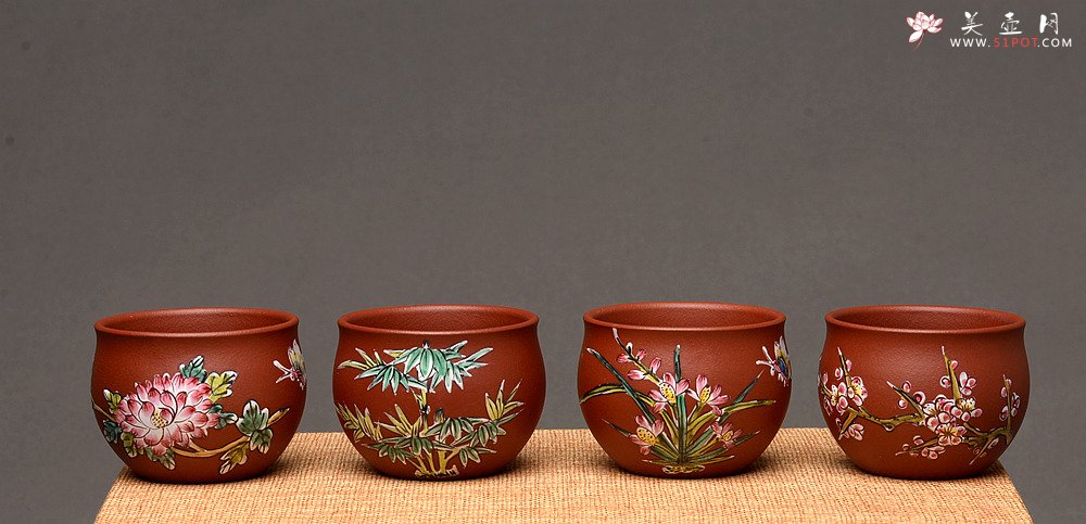 紫砂壶图片：美壶特惠 梅兰竹菊点彩一套精致品茗杯 自用送礼佳品 - 宜兴紫砂壶网