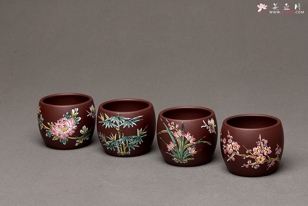 紫砂壶图片：美壶特惠 梅兰竹菊点彩一套精致品茗杯 自用送礼佳品 - 宜兴紫砂壶网