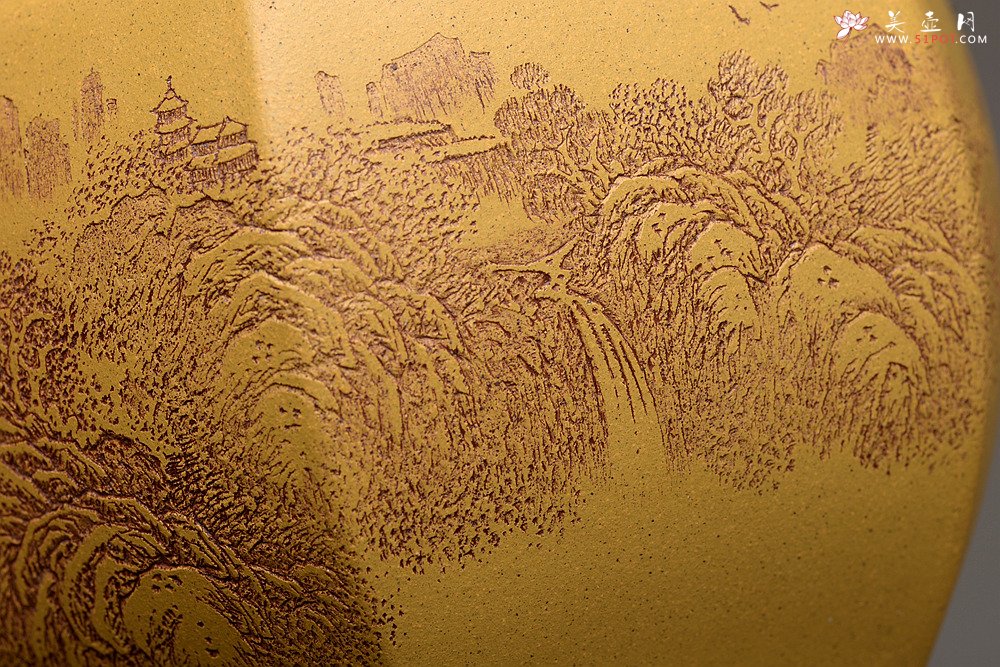 紫砂壶图片：李彦雄精刻山水~全手六方水盂 笔洗  把玩精品 - 宜兴紫砂壶网