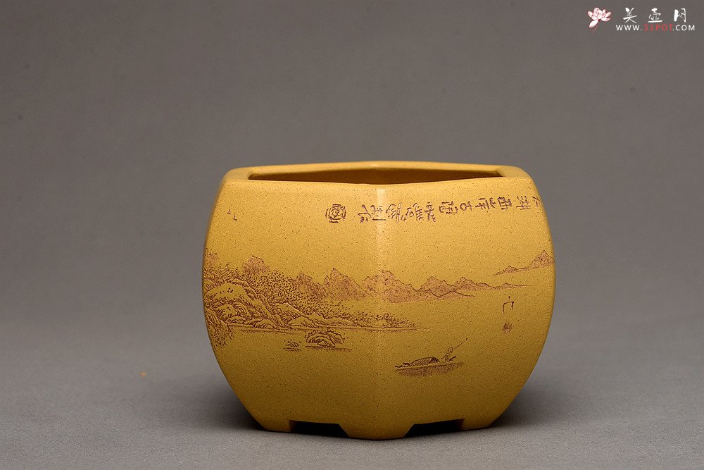 紫砂壶图片：李彦雄精刻山水~全手六方水盂 笔洗  把玩精品 - 宜兴紫砂壶网