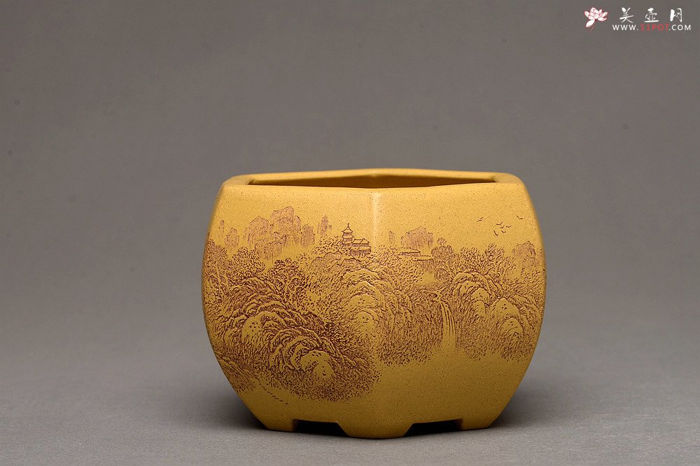 紫砂壶图片：李彦雄精刻山水~全手六方水盂 笔洗  把玩精品 - 宜兴紫砂壶网