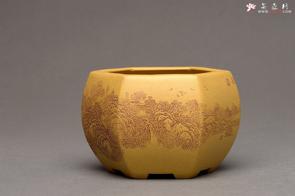 紫砂壶图片：李彦雄精刻山水~全手六方水盂 笔洗  把玩精品 - 宜兴紫砂壶网