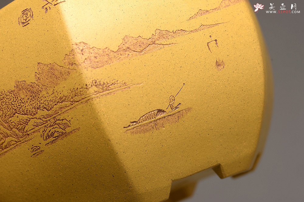 紫砂壶图片：李彦雄精刻山水~全手六方水盂 笔洗  把玩精品 - 宜兴紫砂壶网