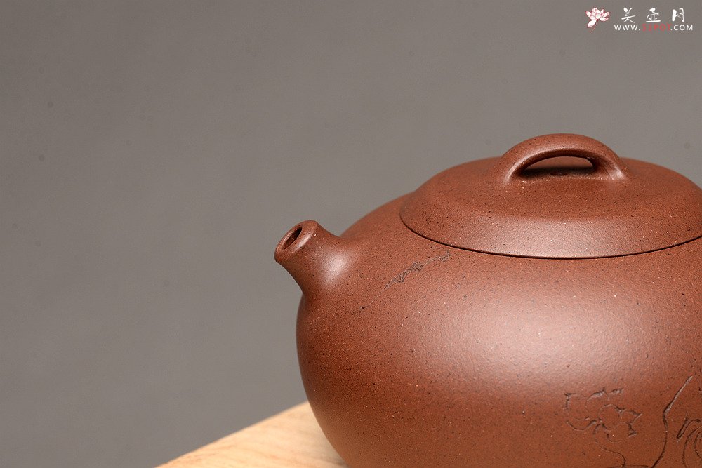 紫砂壶图片：圆润饱满 全手润泉 许嘉年夫人杨米娜全手作品 游心堂精心刻绘 - 宜兴紫砂壶网