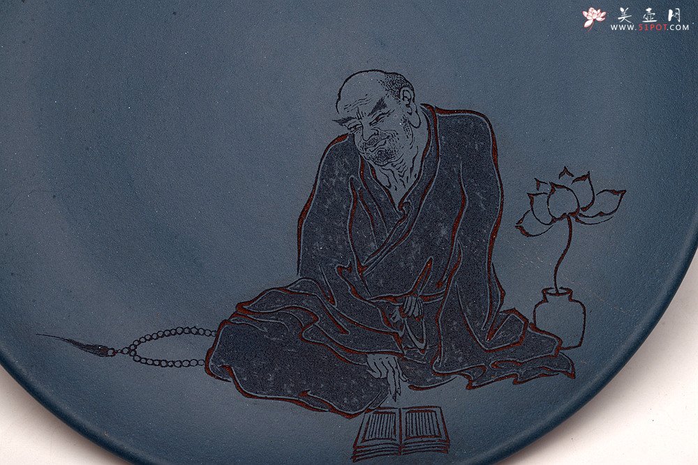 紫砂壶图片：美壶特惠 游心堂主人精刻 文气工笔罗汉系列 干泡台 文盘 送礼自玩佳品 - 宜兴紫砂壶网