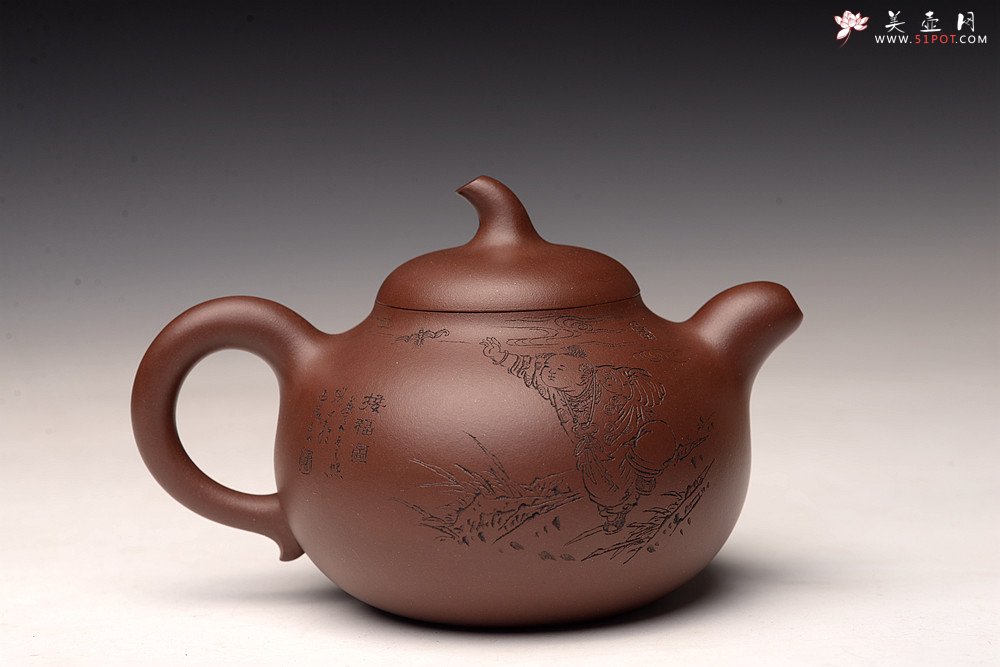 紫砂壶图片：张云熙精品之作 富有逸趣 传统器形 饱满可人 童子接福 茄瓜 - 宜兴紫砂壶网