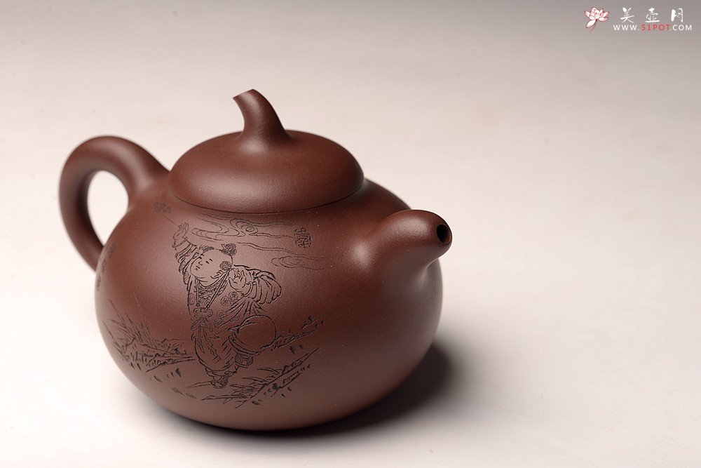 紫砂壶图片：张云熙精品之作 富有逸趣 传统器形 饱满可人 童子接福 茄瓜 - 宜兴紫砂壶网