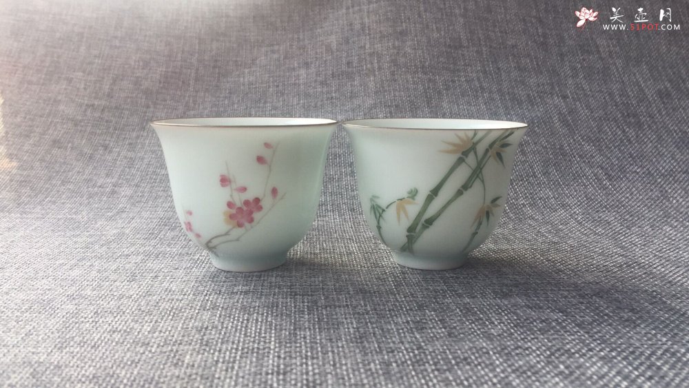 紫砂壶图片：手绘釉上彩竹梅杯 - 宜兴紫砂壶网