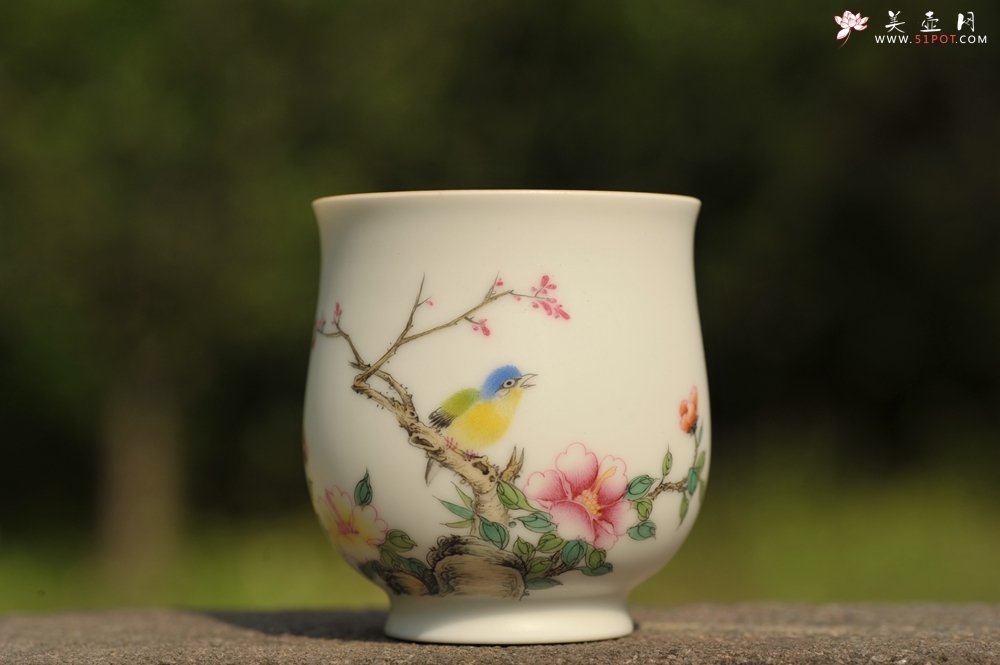 紫砂壶图片：新彩玉光白釉花鸟2 景德镇主人杯 - 宜兴紫砂壶网