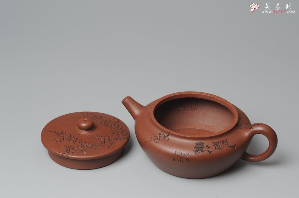 紫砂壶图片：刘华徒弟生益刻绘 全手工桑扁 - 宜兴紫砂壶网