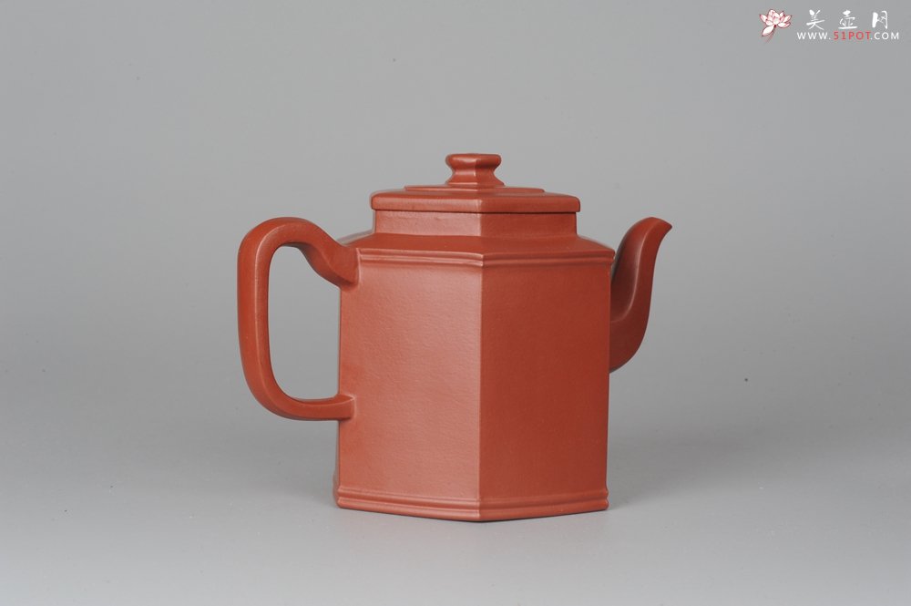 紫砂壶图片：端庄秀雅 大红袍朱泥全手工双线六方宫灯  - 宜兴紫砂壶网