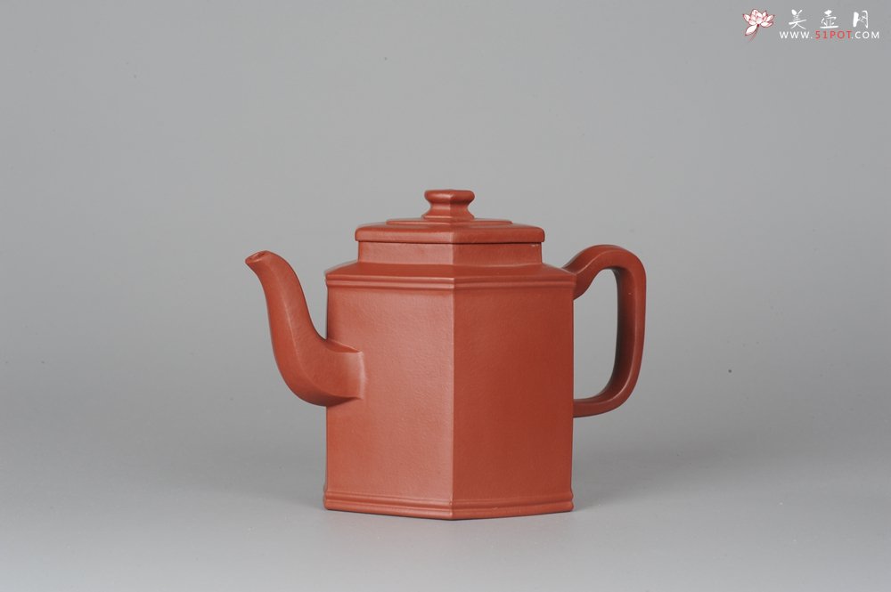 紫砂壶图片：端庄秀雅 大红袍朱泥全手工双线六方宫灯  - 宜兴紫砂壶网
