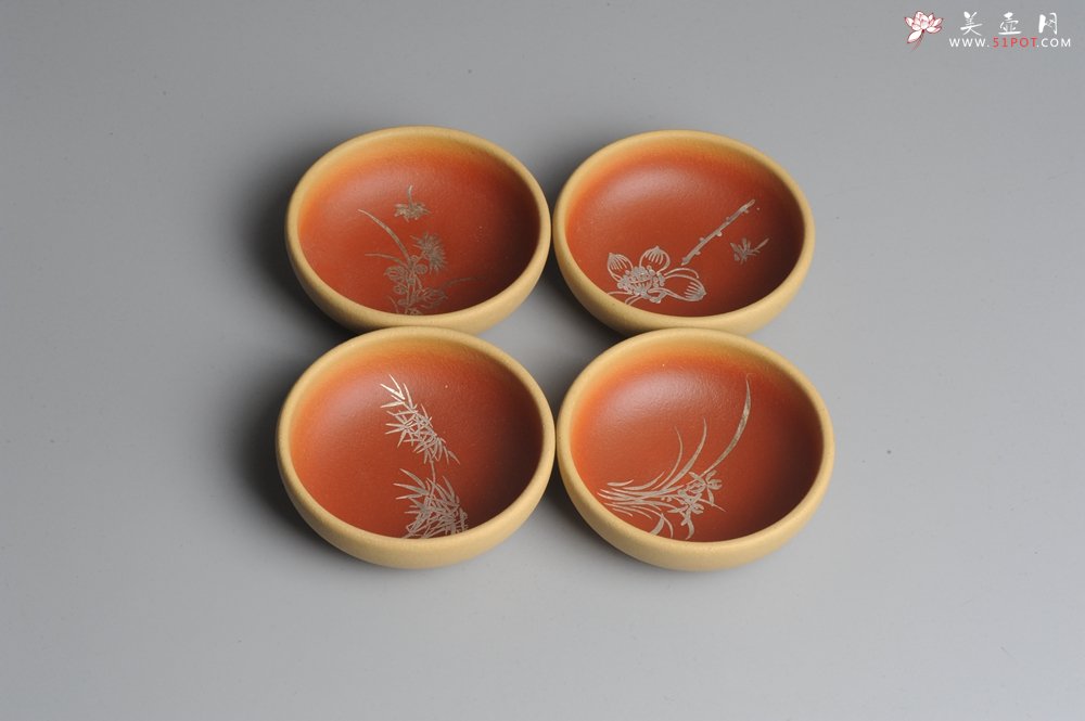 紫砂壶图片：美杯特惠 描银文气梅兰竹菊一套（4只） - 宜兴紫砂壶网