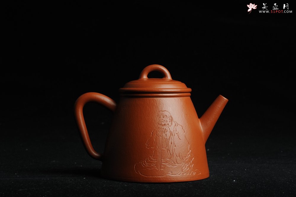 紫砂壶图片：优质朱泥全手工汉瓦二式 方健双刀文气装饰禅心图 超漂亮 - 宜兴紫砂壶网