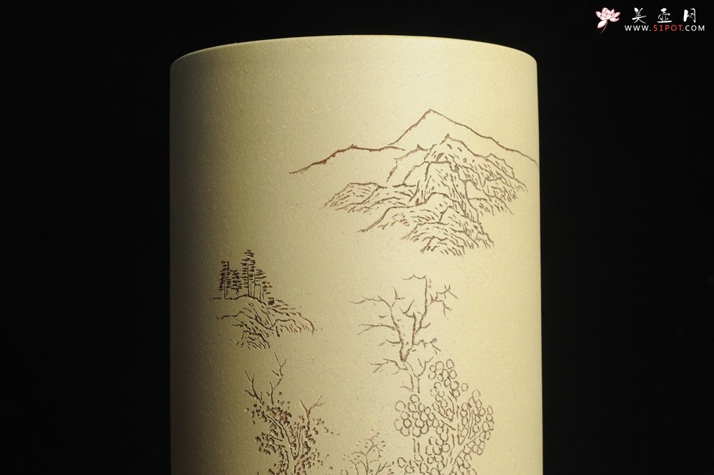 紫砂壶图片：美筒特惠 精品山水高帽笔筒五式  老师不打草稿直接空刻 一气呵成 - 宜兴紫砂壶网