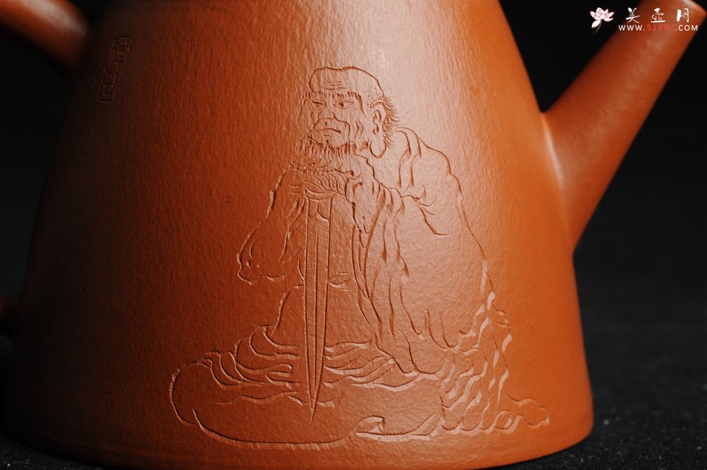 紫砂壶图片：优质朱泥全手工汉瓦二式 方健双刀文气装饰禅心图 超漂亮 - 宜兴紫砂壶网