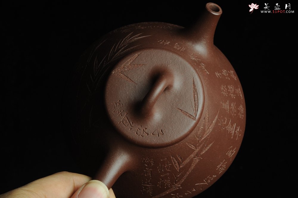 紫砂壶图片：优质紫泥 全手工精品摹古老子冶石瓢 骨肉匀挺 清茗堂助工文气装饰板桥竹 文人风骨尽显 - 宜兴紫砂壶网