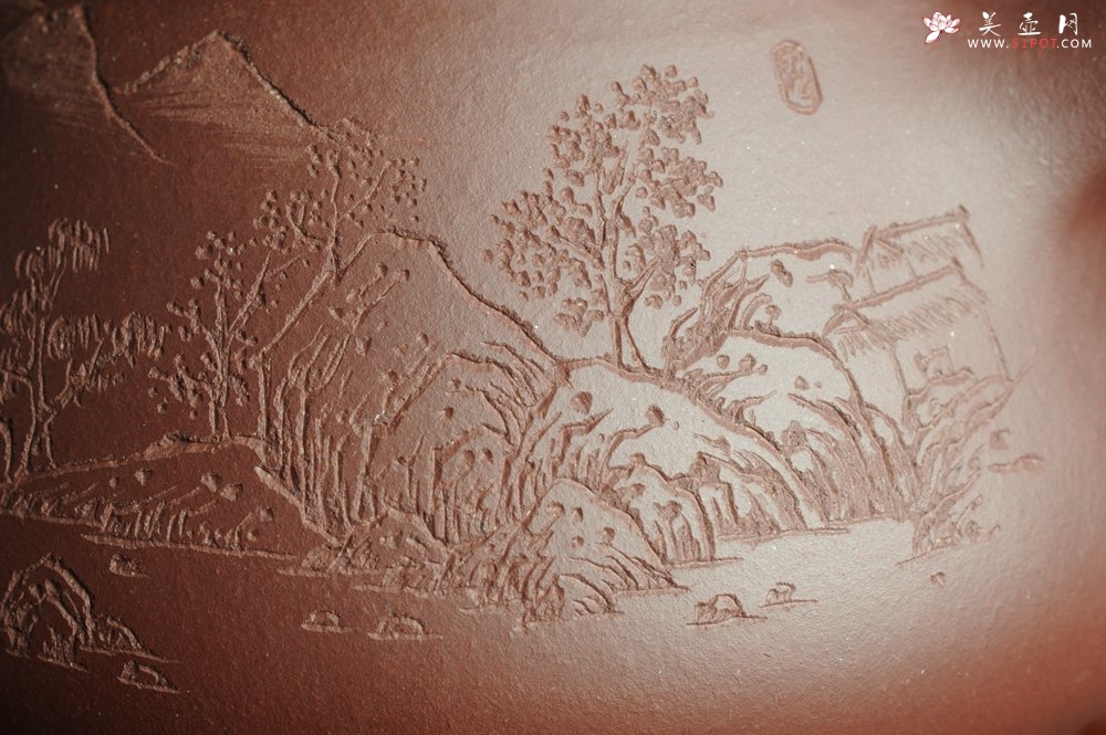 紫砂壶图片：优质紫茄泥全手工山水满瓢 雨过山色清 - 宜兴紫砂壶网